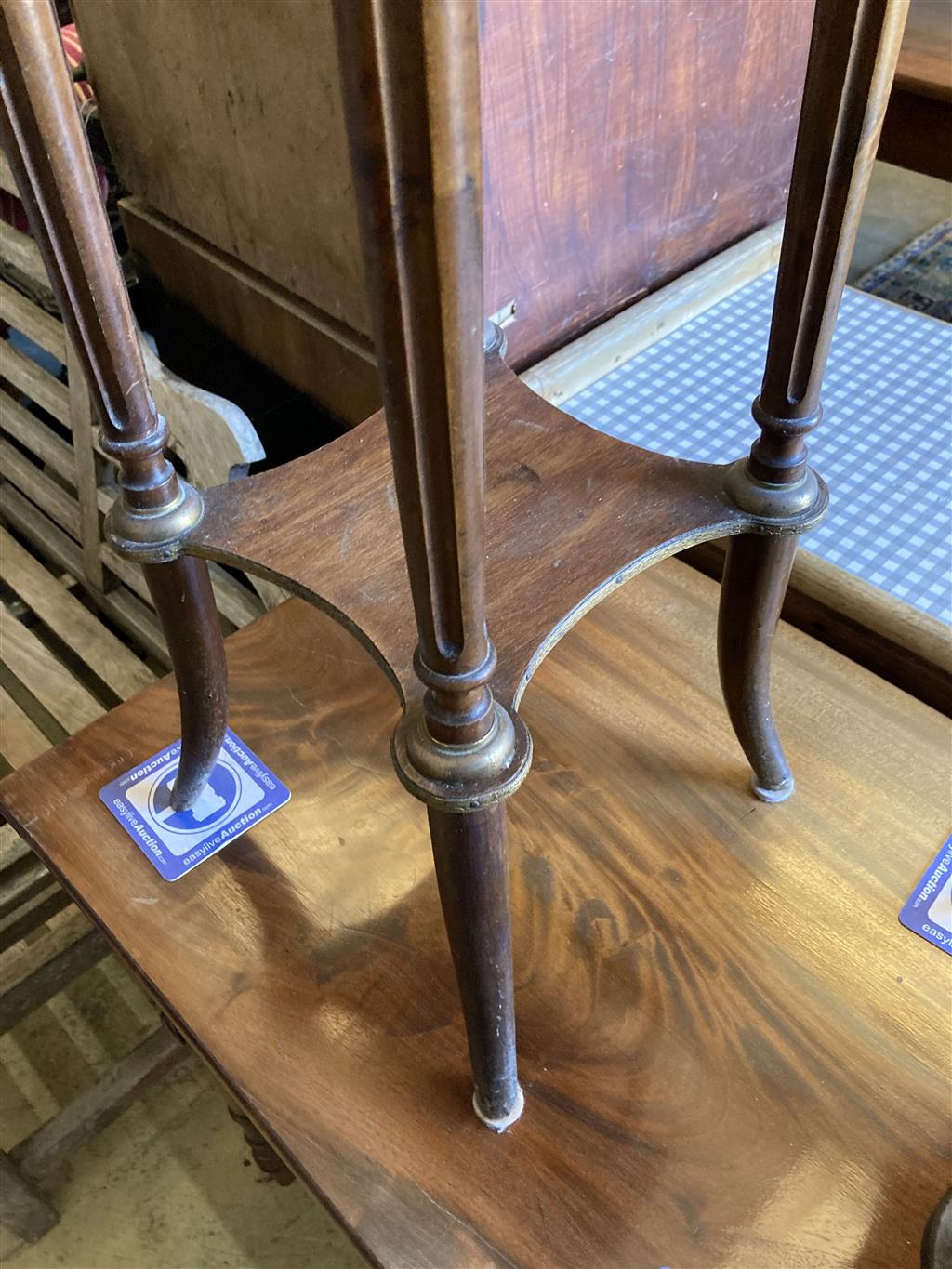 A near pair of French marble top two tier plant stands, larger width 30cm, depth 30cm, height 82cm